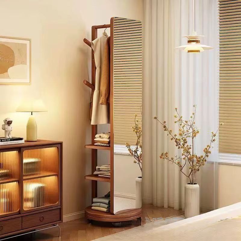 Miroir de fur sing Rotatif en Bois Massif, Miroir Monté au Sol, Corps Complet, Cintre Mobile pour Chambre à Coucher, Miroir Intégré