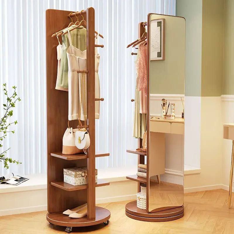 Miroir de fur sing Rotatif en Bois Massif, Miroir Monté au Sol, Corps Complet, Cintre Mobile pour Chambre à Coucher, Miroir Intégré